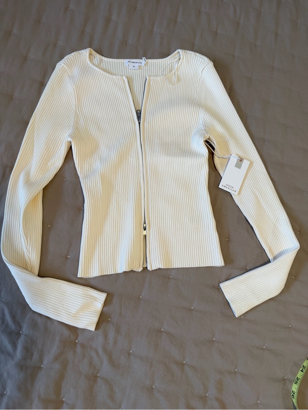 Good American Cream Ribbed Zip Front Cardigan Top NWT Size S